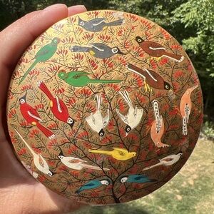 Vintage Kashmir India Lacquer Paper Mache Coasters In Box Gold Birds Rust Orange